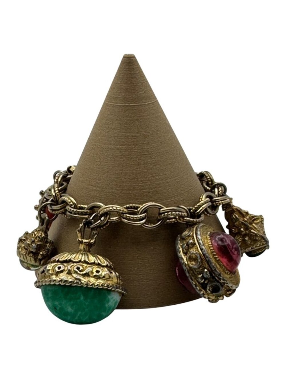 Etruscan Revival Bracelet Couture Gold Tone Charms Ornate 7" Estate Vintage